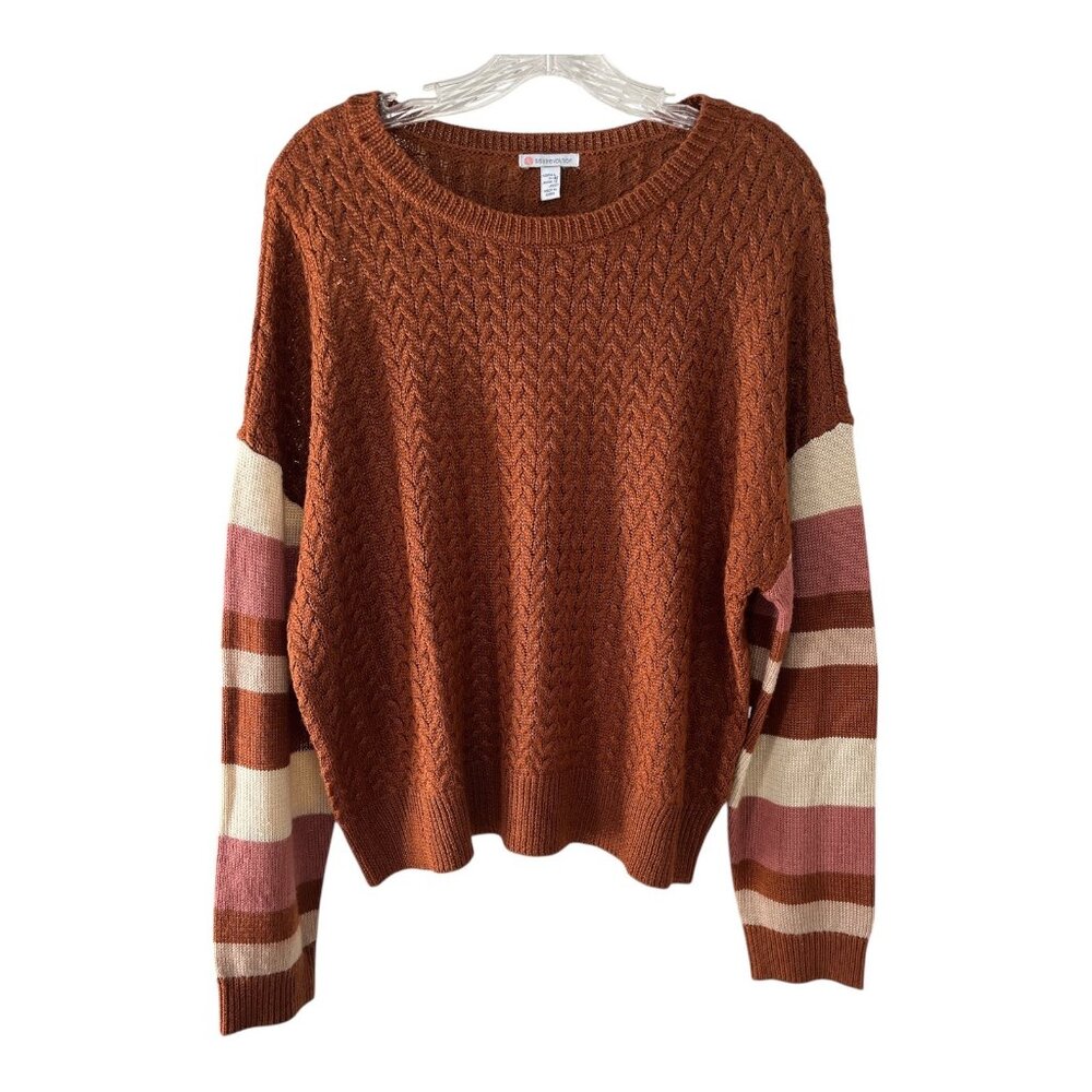 Sisstrevolution Women’s Size L Knit Sweater – Rust Brown with Striped Sleeves